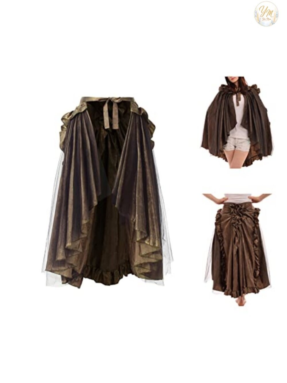 Polyester Gauze Victorian Bustle Skirt Cape Ruffled Lace Up Steampunk Costume